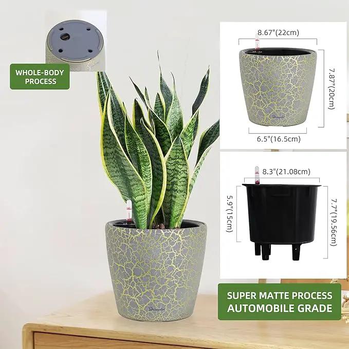 Dexceder 9x8 Inches Self Watering Planter Indoor Outdoor, Inner Pot Design, Thickened Table Flower Plant Pot with Water Level Indicator (Grey Gold Crackle) by GreenHaven Gardens
