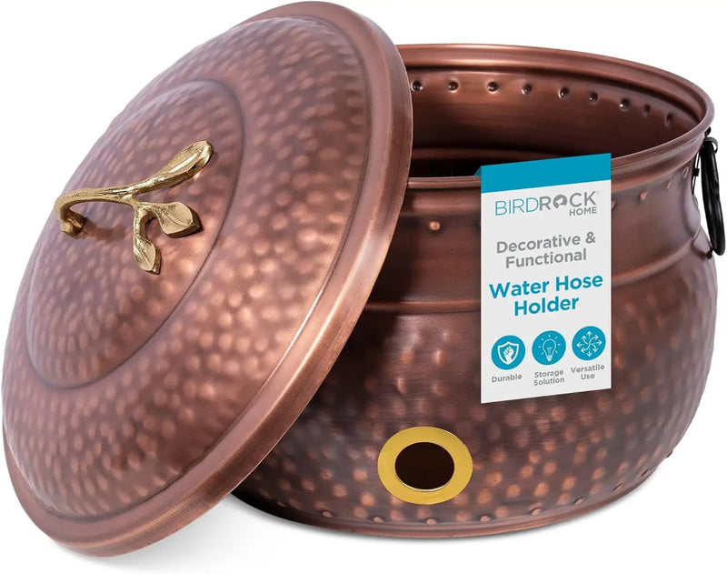 BirdRock Home Water Hose Holder with Lid | Ground Garden Hose Pot | Decorative | Handle | Embossed | Steel Metal with Copper Accents | Outdoor or Indoor Use by GreenHaven Gardens