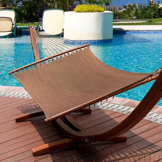 Lazy Daze Hammocks 10.5 FT Double 2 Person Caribbean Rope Hammock, Hand Woven Polyester Hammock with Spreader Bars for Outdoor Backyard Patio Poolside, 450 LBS Capacity, Brown by GreenHaven Gardens