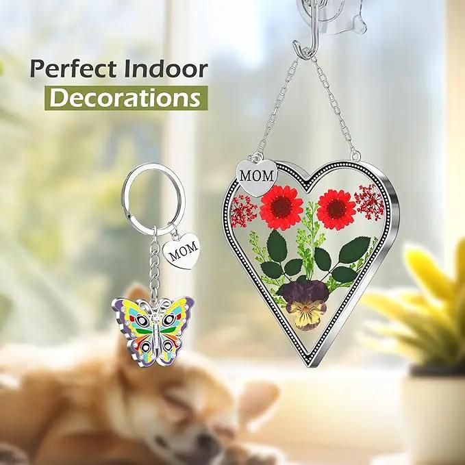 KY&BOSAM Heart Suncatcher Mom Gifts Glass Butterfly Suncatchers for Window Hanging with Pressed Flower Between Heart in Glass and Metal Charm Gifts for Mom Mother's Day Valentine's Birthday Christmas by GreenHaven Gardens