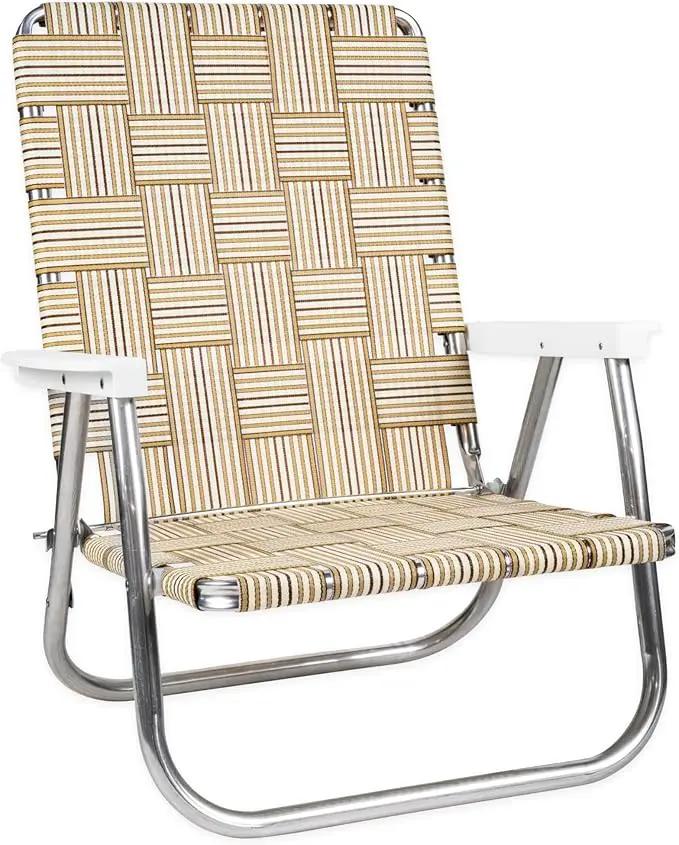 Lawn Chair USA Folding Aluminum Outdoor Patio Lawn Chair | Heavy-Duty Webbed Chairs for Camping, Sports, Beach, Yard & Tailgating | Lightweight Portable | High Back Beach Chair - Tan Stripe by GreenHaven Gardens