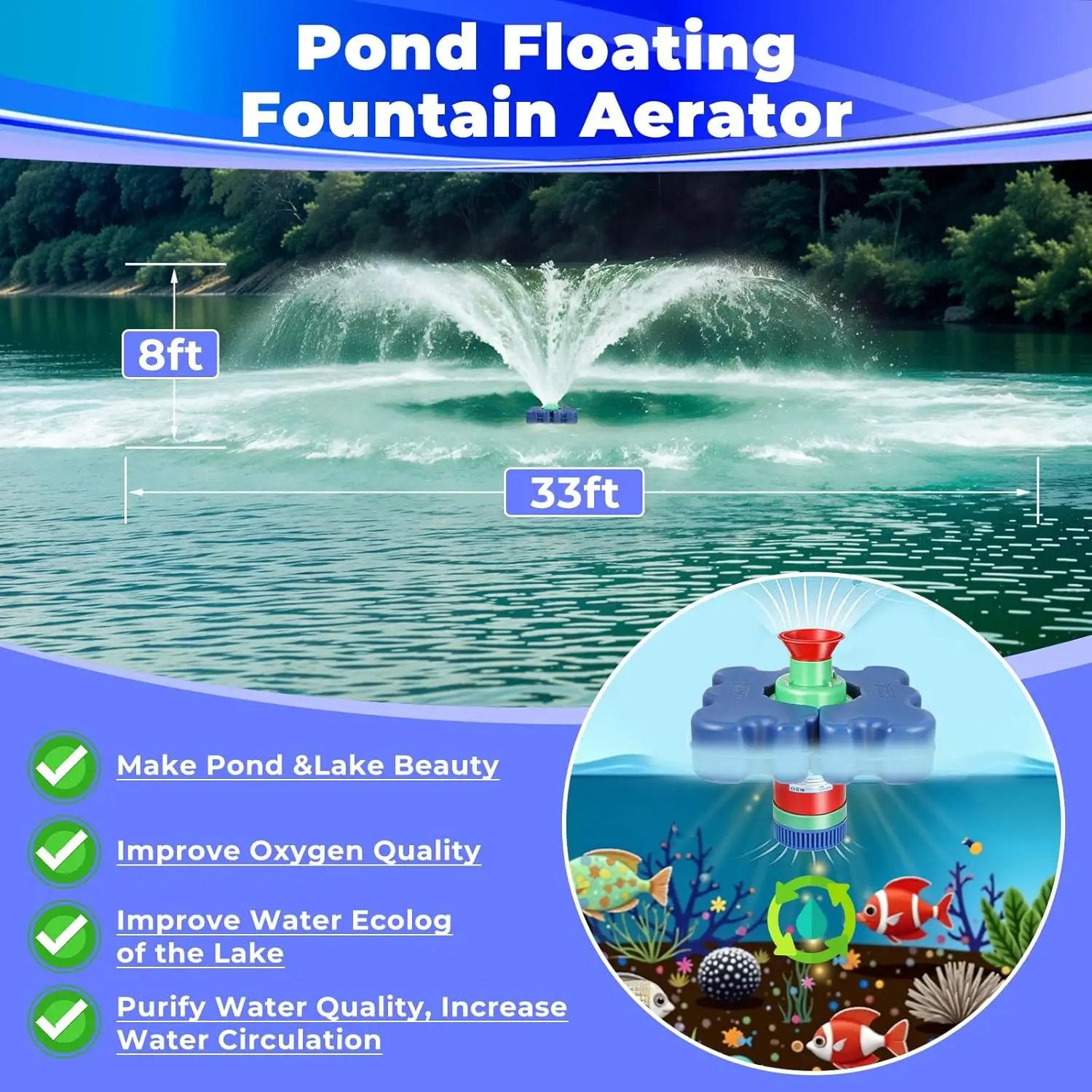 Pond Fountain Aerator with Time Controller-15000 GPH,110V 1HP 750W Floating Fountain Aeration System for Large and Small Ponds,Aerator Water Pump for Outdoor Ponds & Lakes with 15A/100FT Power Cord by GreenHaven Gardens