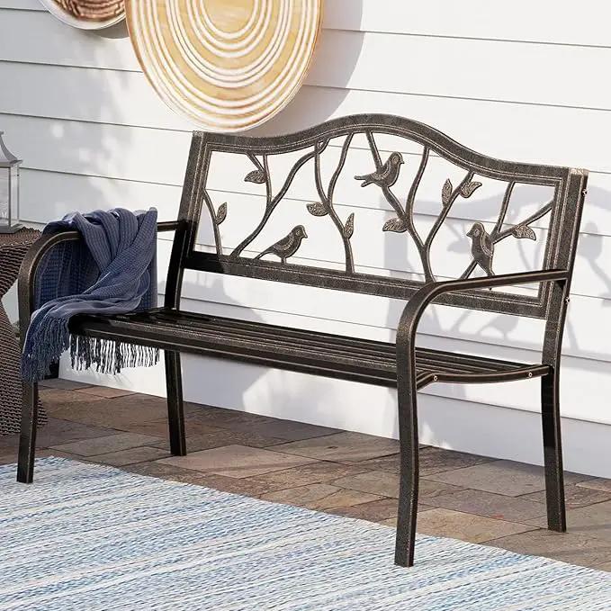 PHI VILLA Outdoor Garden Park Bench Patio 50" Metal Bench, Steel Frame Bench with Backrest and Armrests for Porch, Lawn, Balcony, Backyard and Indoor, Bronze by GreenHaven Gardens