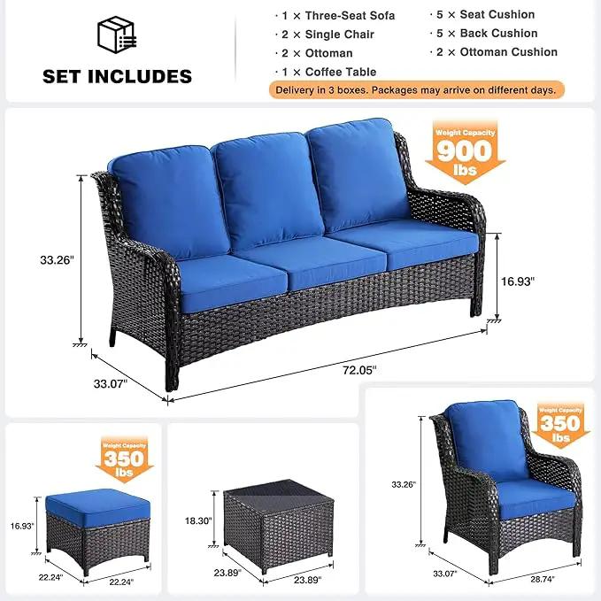 ovios 6 Pieces Patio Furniture Set, Outdoor Wicker Sofas with Glass Coffee Table and Comfy Cushions, All Weather High Back Couch Set for Deck Porch, Brown Rattan, Navy Blue by GreenHaven Gardens