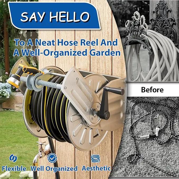 GREENER Stainless Steel Hose Reel For Outside,Wall Mount Garden Hose Holder Heavy Duty Metal Water Hose Reel, 3/4" Solid Connector with 5/8" Inlet Hose and Crank,80-Feet 1/2" Capacity by GreenHaven Gardens