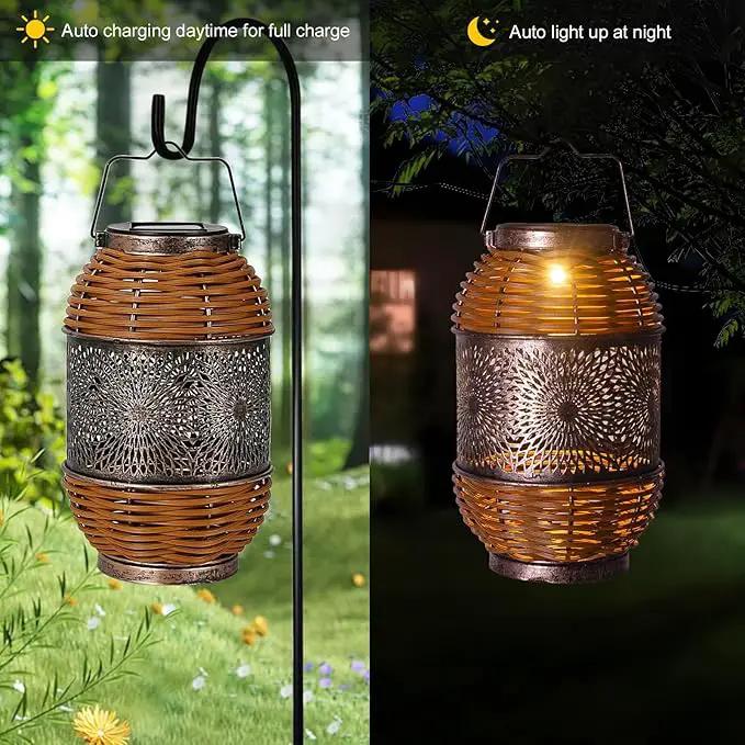 2 Pack Solar Lanterns Outdoor,Rattan with Metal Decorative Garden Hanging Lanterns Waterproof Christmas Gifts for Women LED Light with Handle for Table,Patio,Pathway,Pergolas,Tree,Yard,Fence,Hook by GreenHaven Gardens