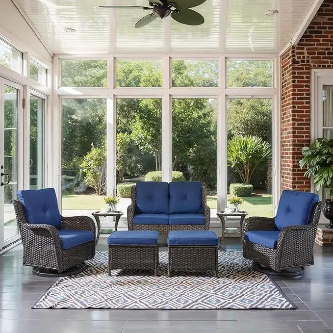 Outdoor Patio Furniture Set - 7 Piece Brown Wicker Conversation Patio Furniture Set All Weather Swivel Chairs with Ottoman and Loveseat Glider Chair for Deck Balcony Backyard by GreenHaven Gardens