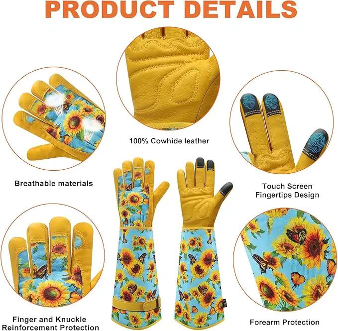 DLY Gardening Gloves for Women, Rose Gloves Gardening Thorn Proof, Long Garden Gloves for Women, Breathable Cowhide Leather Gauntlet (Large, Blue) by GreenHaven Gardens