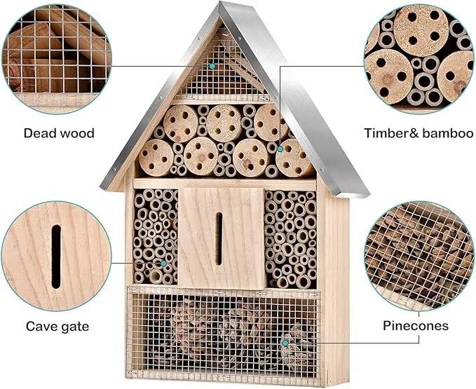 Wooden Mason Insect Bee Butterfly House,Insect Hotel,an Outdoor Hanging Bamboo Habitat for Bee Butterfly Ladybugs Live,Bee Box,Butterfly Habitat for Garden,9 x 15.7 x 2.5 Inch by GreenHaven Gardens