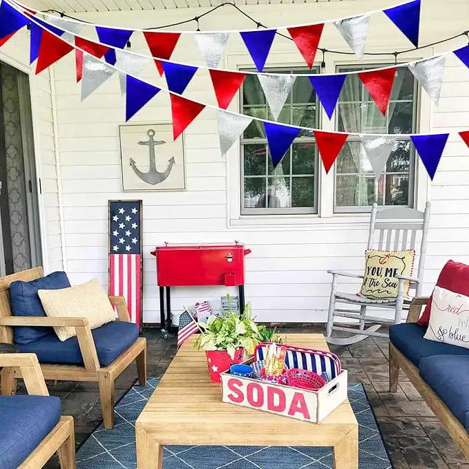 Red Blue Silver Party Decorations Metallic Fabric Triangle Pennant Banner Flag Bunting Garland for Graduations 4th of July American USA National Day Patriotic Veterans Birthday Outdoor Party Supplies by GreenHaven Gardens
