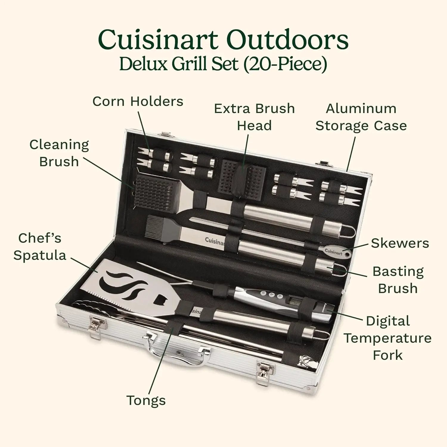 Cuisinart Deluxe Grill Tool Set, 20-Piece Grill Tools BBQ Accessories with Aluminum Case & Digital Temperature Fork, Spatula, Tongs, Stainless Steel Grilling Accessories, Grilling Set for BBQ by GreenHaven Gardens