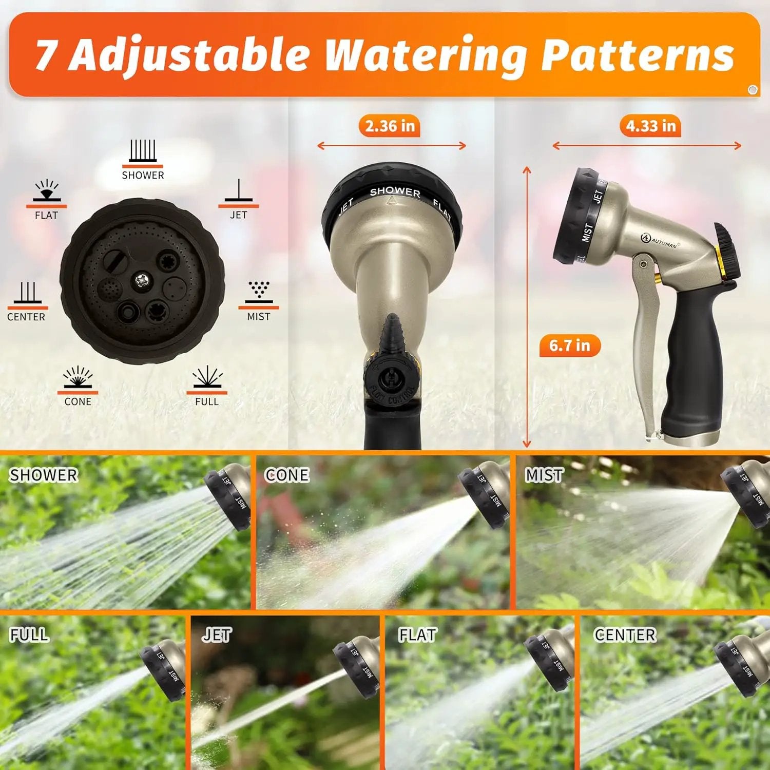 AUTOMAN Garden Hose Nozzle - 7 Patterns Sprayer, 100% Metal High Pressure Spray Nozzle, Labor-Saving Design, Heavy Duty Water Hose Nozzle for Garden Watering, Car Washing, Window Cleaning,Pets Bathing by GreenHaven Gardens