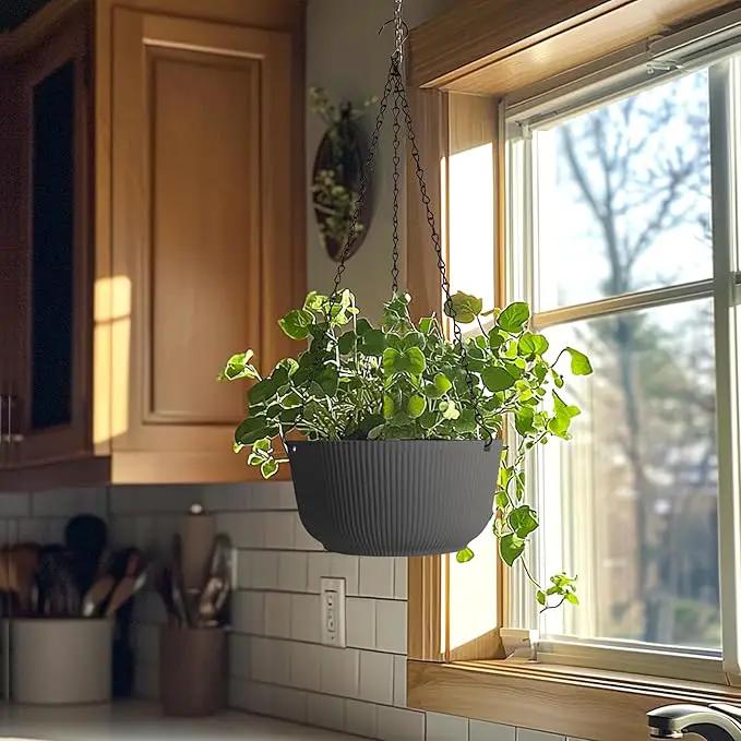 T4U 10 Inch Hanging Planters for Indoor Outdoor Plants, Hanging Plant Pot Pack of 2, Self Watering Hanging Pots with Drainage Hole & Plug & Chain with 3 Hooks for Garden Home Decor, Grey by GreenHaven Gardens