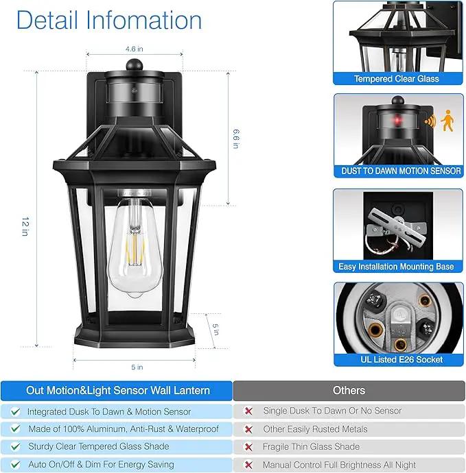 VIANIS Motion Sensor Outdoor Lighting, Outdoor Wall Lights Wall Mount with Clear Glass, Black Dusk to Dawn Garage Light Sconce, Waterproof Exterior Lights for House, Brightness Distance Adjustable by GreenHaven Gardens