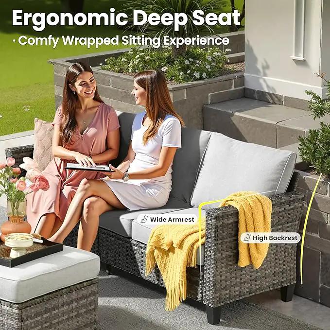 ovios 8 Pieces Patio Furniture Set with 30" Fire Pit Table, Outdoor Wicker Sofa with Comfy Cushions, All Weather High Back Rattan Couch Conversation Set, Grey by GreenHaven Gardens