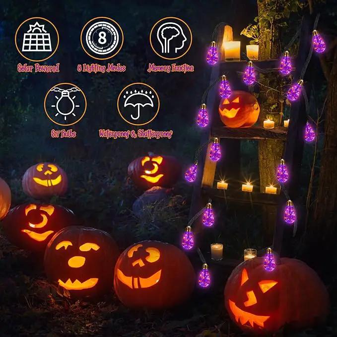 Orange & Purple Solar Halloween Lights Outdoor, 20Ft Black Hemp Rope Halloween String Lights, Waterproof Orange Purple Lights with 8 Modes 16 Shatterproof Bulbs for Patio, Yard, Party, Halloween Decor by GreenHaven Gardens