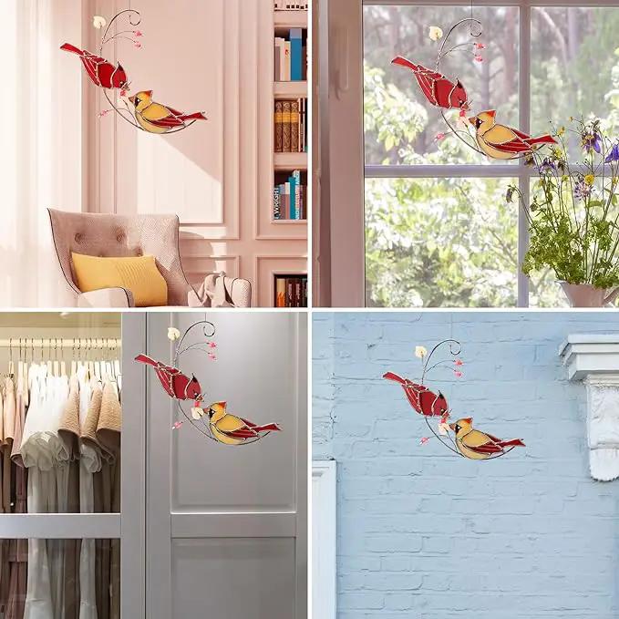 Cardinal Stained Glass Suncatchers for Windows Hanging Decorative,Couple Red Love Birds Sun Catchers for Christmas Ornaments,Real Stained Glass Cardinal Memorial Gifts for Women/Mom by GreenHaven Gardens
