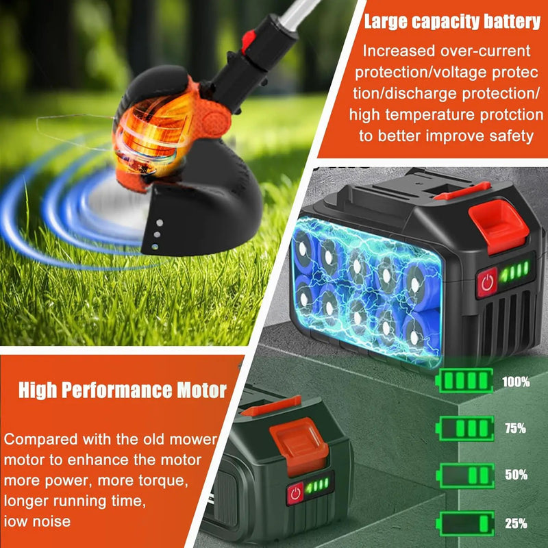 Electric Weed Wacker Eater Cordless Battery Powered, Weed Trimmer 4.0Ah Lightweight No-String with 2 Battery Operated & Wheels, 3 in 1 Stringless Grass Trimmer/Edger/Brush Cutter for Garden Yard Lawn