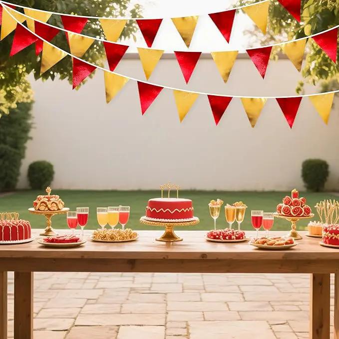 Red Gold Party Decorations Metallic Fabric Triangle Pennant Banner Flag Bunting Garland for Graduation Birthday Wedding Bachelorette Anniversary Baby Shower Christmas Holiday New Year Party Supplies by GreenHaven Gardens