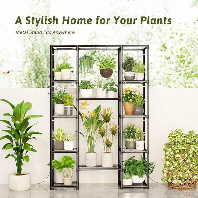 Plant Stand Indoor with Grow Lights Large Plant Shelf Plant Cabinet Hanging Plant Rack Metal Plant Holder for Multiple Plants for Living Room Patio Balcony Garden Black by GreenHaven Gardens