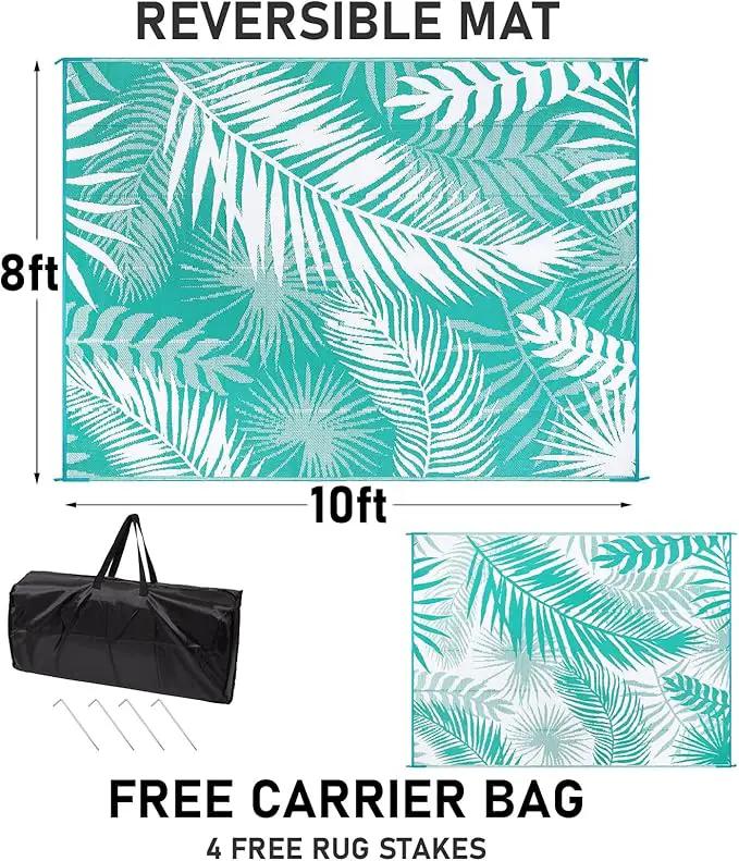 Outdoor Rug 8'x10' Waterproof for Patios Clearance, Reversible Outdoor Plastic Straw Rug Camping Carpet, Outside Floor Mats Large Area Rugs for RV,Patio,Deck,Porch, Beach,Balcony,Teal&White by GreenHaven Gardens