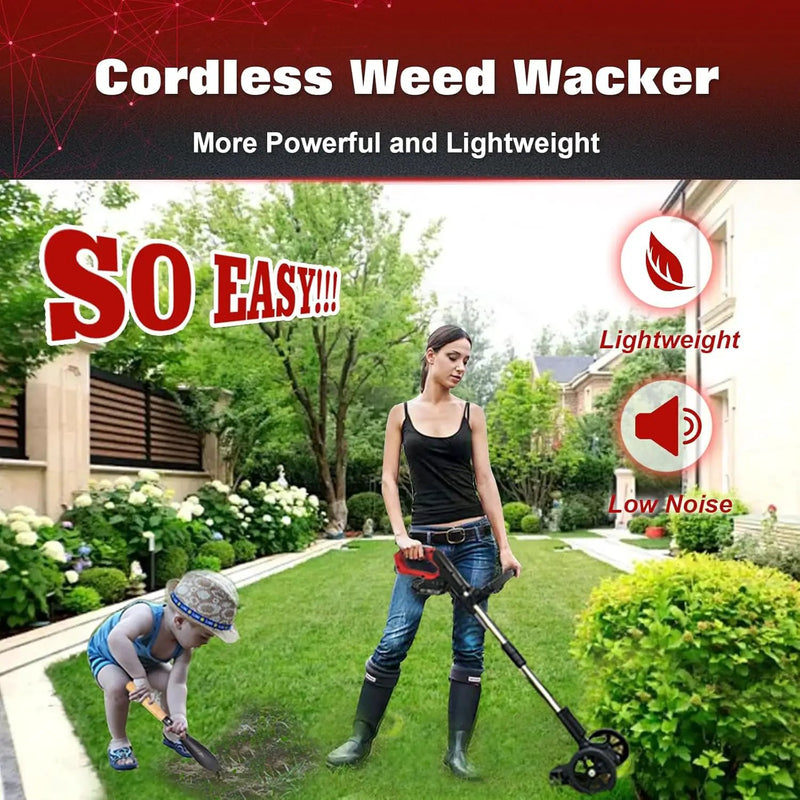 Electric Weed Wacker Eater Cordless Battery Powered, Weed Trimmer 21V Lightweight No-String with 2 Battery Operated & Wheels, 3 in 1 Stringless Grass Trimmer/Edger/Brush Cutter for Garden Yard Lawn by GreenHaven Gardens