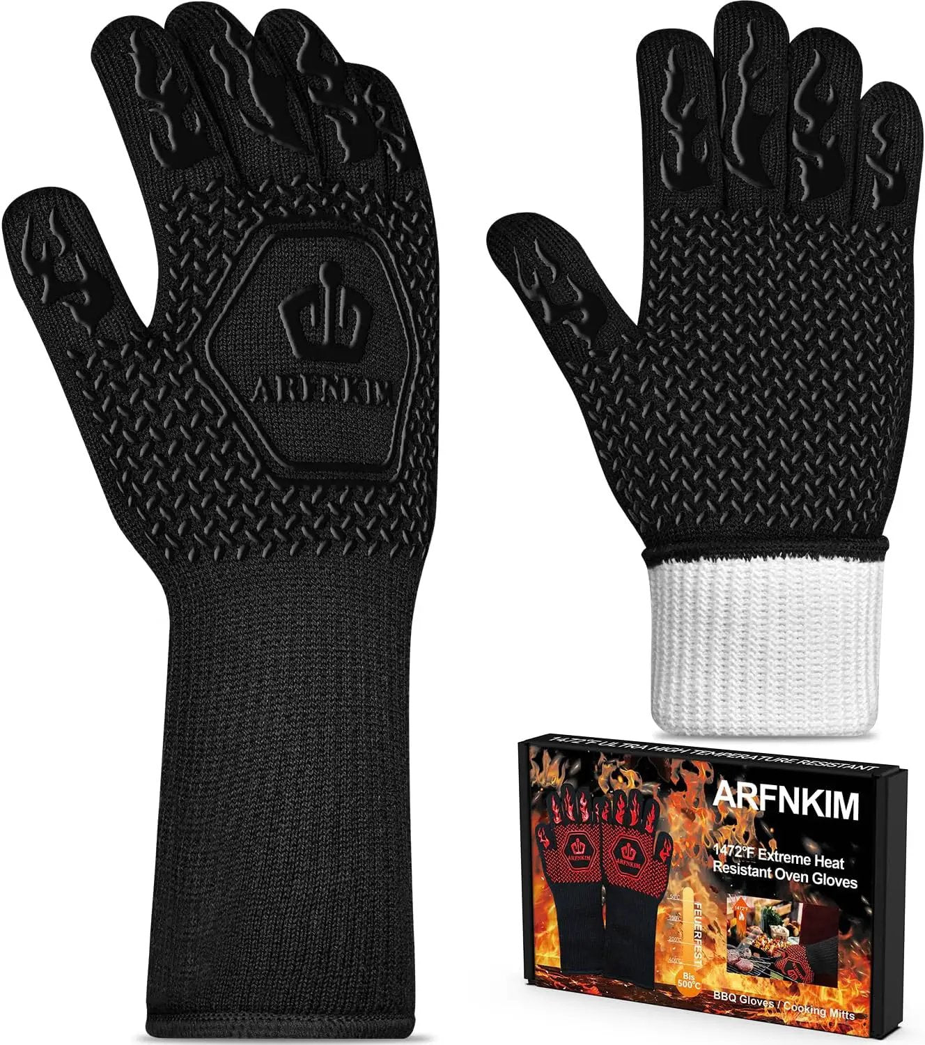BBQ Oven Gloves 1472℉ Heat Resistant Oven Mitts Silicone Non-Slip Cooking Gloves for Barbecue, Grilling, Baking, Welding, Smoker (A Pair) (Black) by GreenHaven Gardens