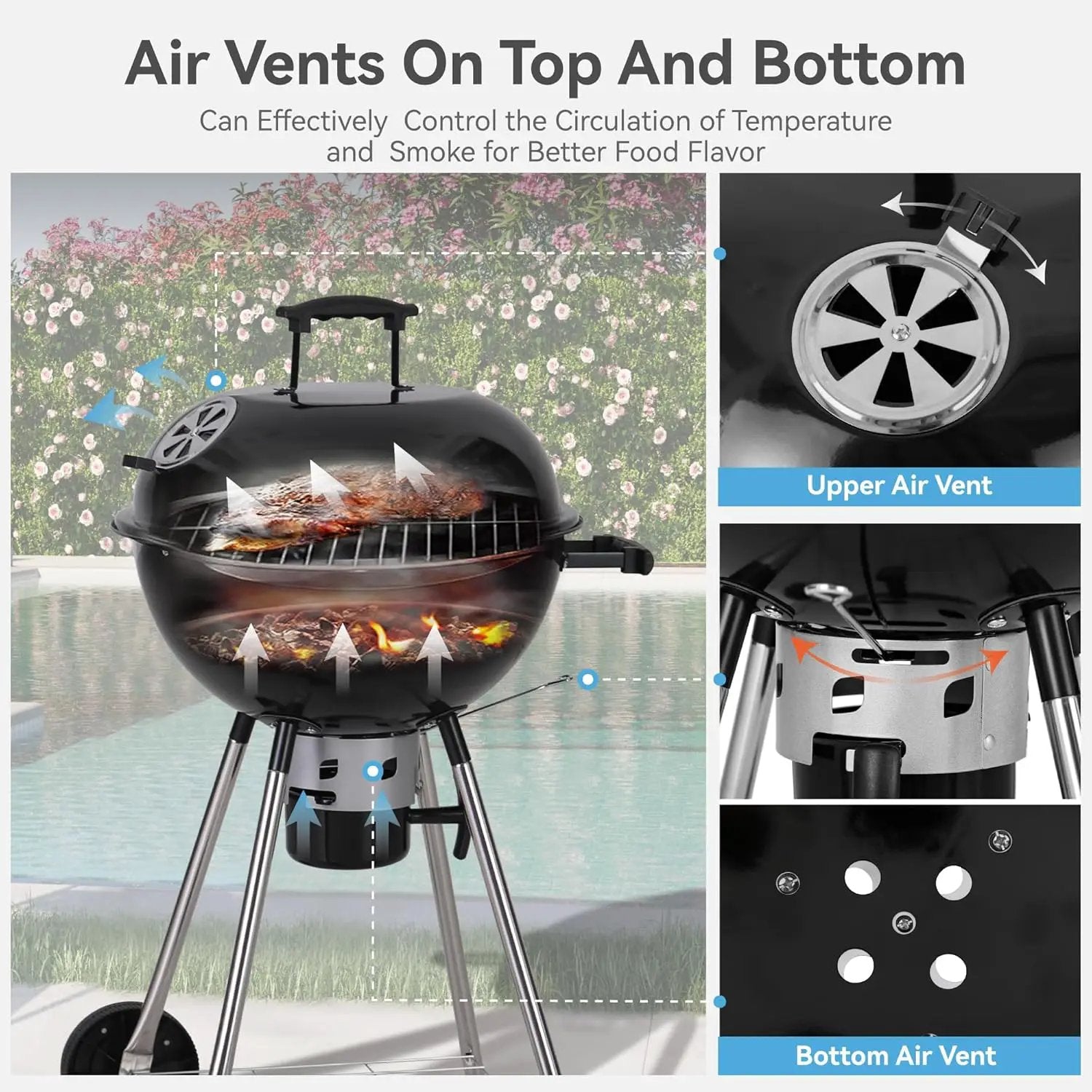 GREEN PARTY 18 inch Kettle Charcoal BBQ Grill with Wheels, Portable Charcoal Grill with Porcelain-Enameled Lid & Ash Catcher for Outdoor Cooking Barbecue Camping Picnics Tailgating by GreenHaven Gardens