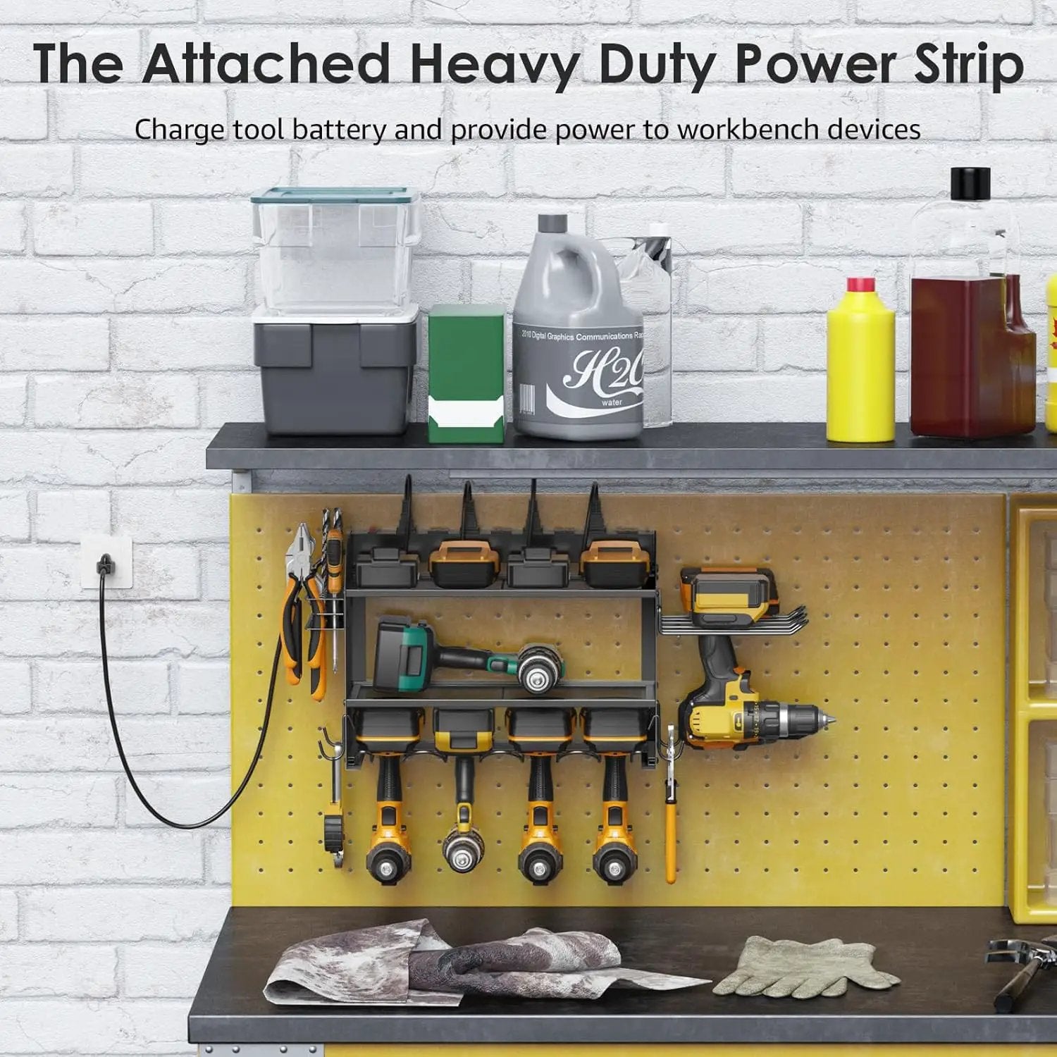 CCCEI Modular Power Tool Organizer Wall Mount Charging Station, Black 6 Drills Holder with 8 Plug Power Strip, Garage Drill Battery Heavy Duty Metal Shelf, Utility Rack with Hooks, Side Storage. by GreenHaven Gardens