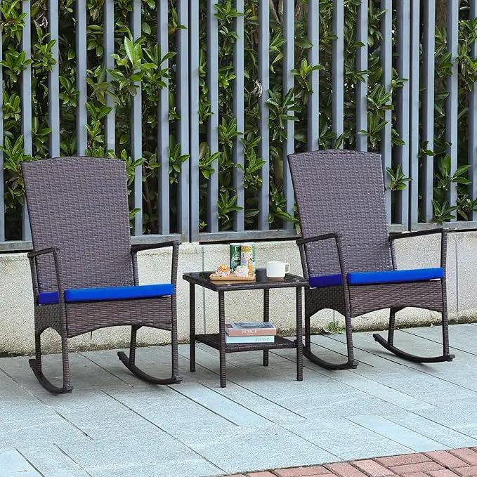 Outdoor Rocking Chairs Set - 3 High-Backed Patio Rockers with Bistro Table & Anti-Slip Cushions, Dark Blue by GreenHaven Gardens