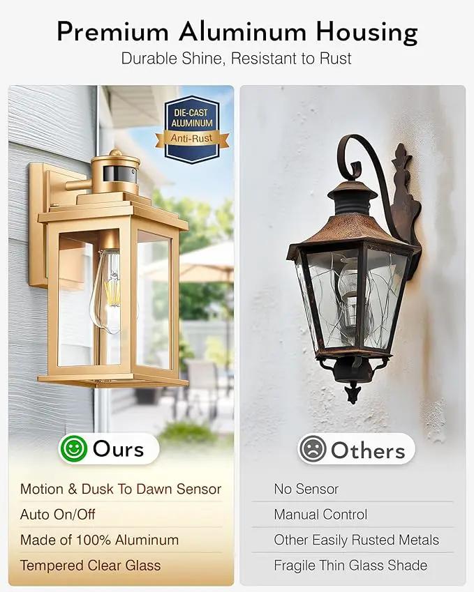 VIANIS Motion Sensor Outdoor Wall Lights Sconce, 2 Pack Dusk to Dawn Outdoor Light Fixture, Gold Waterproof Outdoor Motion Sensor Light for House, Doorway, Entryway, Garden,Hardwired, Non-Solar by GreenHaven Gardens