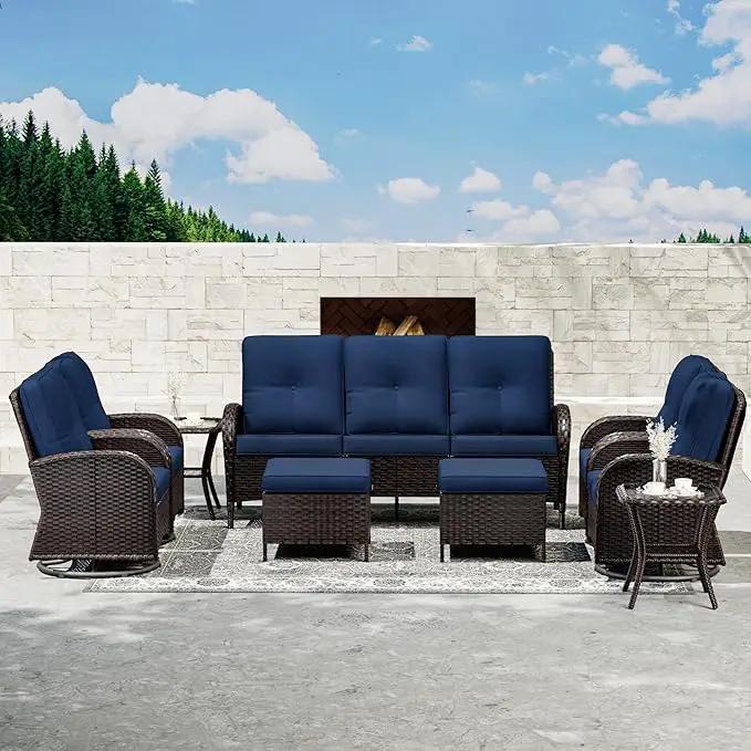 Joyside 9 Piece Patio Furniture Set, Outdoor Wicker Conversation Sets with Swivel Rocker Chairs and Sofa, Thick Cushion, Rattan Patio Sectional for Porch, Deck Use (Brown/Blue, 9 PCS) by GreenHaven Gardens
