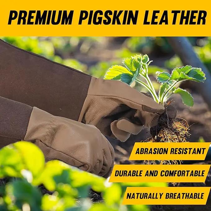 HANDLANDY Long Gardening Gloves for Men & Women, Cowhide Leather Rose Pruning Gloves- Breathable & Durable Gauntlet Glove (Small, Brown) by GreenHaven Gardens