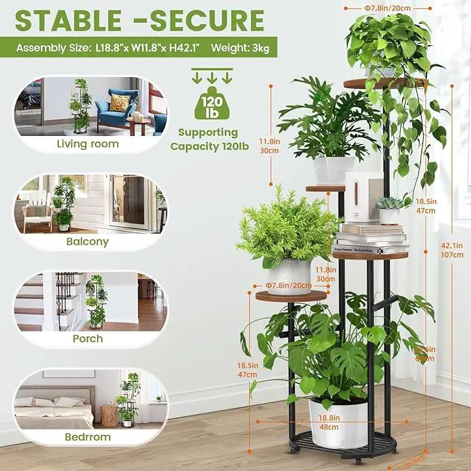 TOSKING 5 Tier Metal Plant Stand Indoor， Plant Shelf, Corner Shelf Flower Pot Stand for Outdoor Plant Stand for Living Room Balcony Garden Patio Bedroom (Black and Brown, 42in) by GreenHaven Gardens