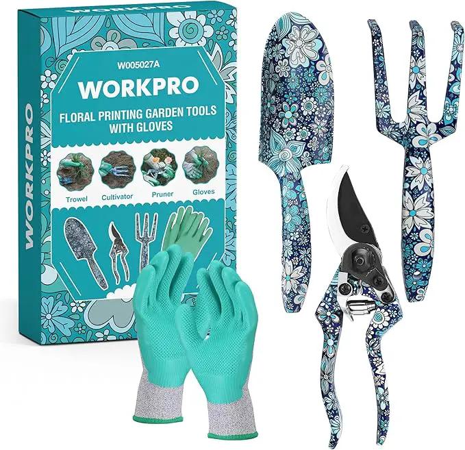 WORKPRO Aluminum Garden Tool Set, 4PCS Heavy Duty Hand Garden Tools with Box Include Trowel, Rake, Pruner, Garden Gloves, Blue Floral, Garden Gifts by GreenHaven Gardens