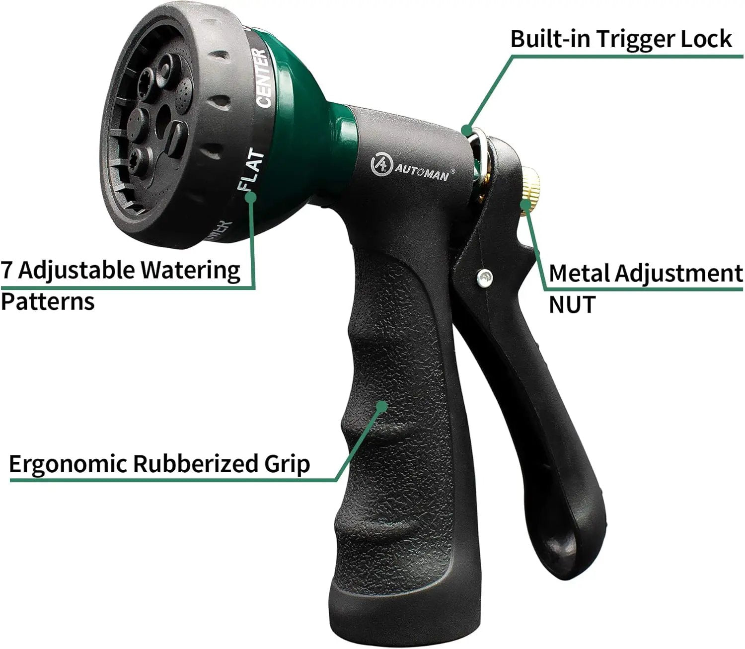 AUTOMAN-Garden-Hose-Nozzle, Metal Water Spray Nozzle with Heavy Duty 7 Adjustable Watering Patterns,Slip Resistant for Watering Plants,Lawn& Garden,Washing Cars,Cleaning,Showering Pets & Outdoor Fun. by GreenHaven Gardens