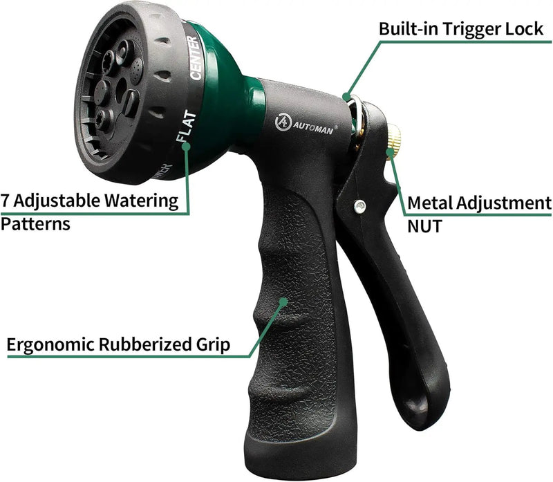 AUTOMAN-Garden-Hose-Nozzle, Metal Water Spray Nozzle with Heavy Duty 7 Adjustable Watering Patterns,Slip Resistant for Watering Plants,Lawn& Garden,Washing Cars,Cleaning,Showering Pets & Outdoor Fun. by GreenHaven Gardens