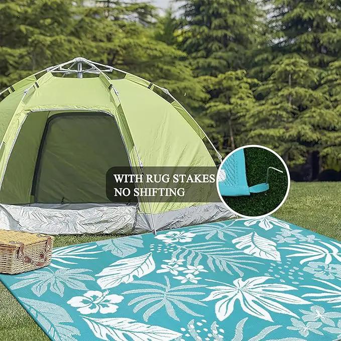 Pauwer Waterproof Outdoor Rug 8x10, Reversible Plastic Straw Patio Camping Rug, Indoor Outdoor RV Mat Carpet for Deck, Camper, Porch, Balcony, Backyard, Picnic, Floral Teal by GreenHaven Gardens
