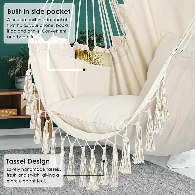 Y- STOP Hammock Chair Hanging Rope Swing, Max 500 Lbs, 2 Cushions Included, Large Macrame Hanging Chair with Pocket for Superior Comfort, with Hardware Kit (Beige) by GreenHaven Gardens