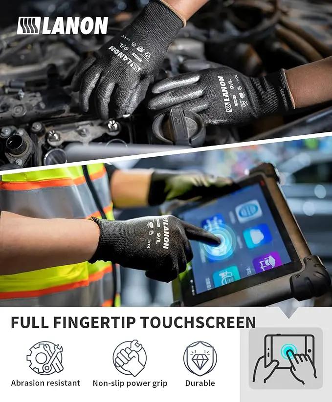 LANON Safety Work Gloves for Men and Women, 18 Pairs Mechanic Black Working Gloves with Grip Odorless PU Coated, Seamless Knit, Full Fingertip Touchscreen for Light Duty Working Gloves, Medium by GreenHaven Gardens