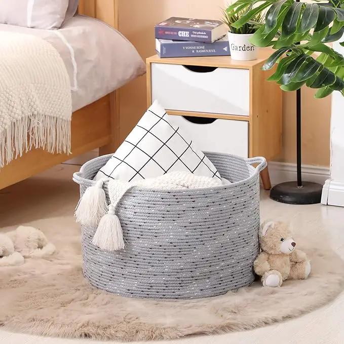 KAKAMAY Large Blanket Basket (20"x13"),Woven Baskets for storage Baby Laundry Hamper, Cotton Rope Blanket Basket for Living Room, Laundry, Nursery, Pillows, Grey with Blue & Brown Dotted by GreenHaven Gardens