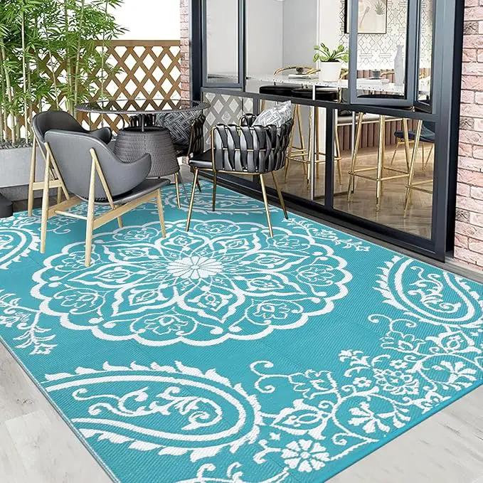Pauwer Waterproof Outdoor Rug 10x14, Reversible Plastic Straw Patio Camping Rug, Indoor Outdoor RV Mat Carpet for Deck, Camper, Porch, Balcony, Backyard, Picnic, Boho Teal by GreenHaven Gardens