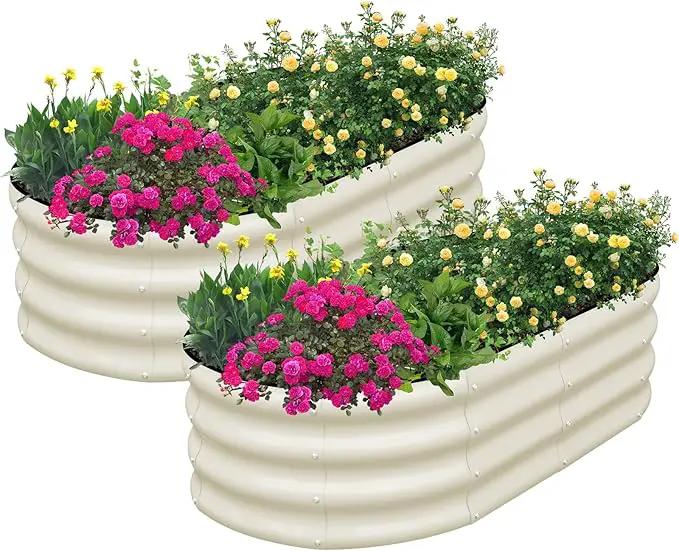 SnugNiture Galvanized Raised Garden Bed Outdoor, 2 Pcs 4x2x1ft Oval Metal Planter Box for Planting Plants Vegetables, White by GreenHaven Gardens