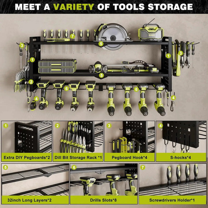 Power Tool Organizer Wall Mount,Cordless Drill Hanger Storage Rack 8 Drill Holder,3 Layers Heavy Duty Power Tool Storage Rack (Black) by GreenHaven Gardens