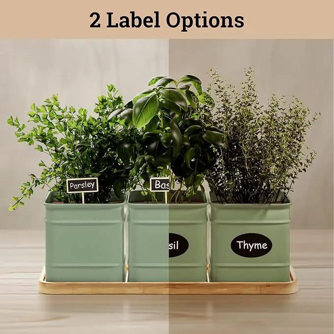 Herb Planter Indoor - 3 Iron Herb Pots with Drainage Holes, Varnished Bamboo Tray, Customizable Labels & Marker Pen - Indoor Herb Garden Planter - 3 Pots for Herbs - Inside Spice Garden - Basil Pot by GreenHaven Gardens