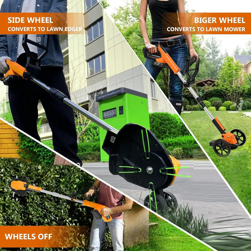 Electric Weed Wacker Eater Cordless Battery Powered, Weed Trimmer 21V Lightweight No-String with 2 Battery Operated & Wheels, 3 in 1 Stringless Grass Trimmer/Edger/Brush Cutter for Garden Yard Lawn by GreenHaven Gardens