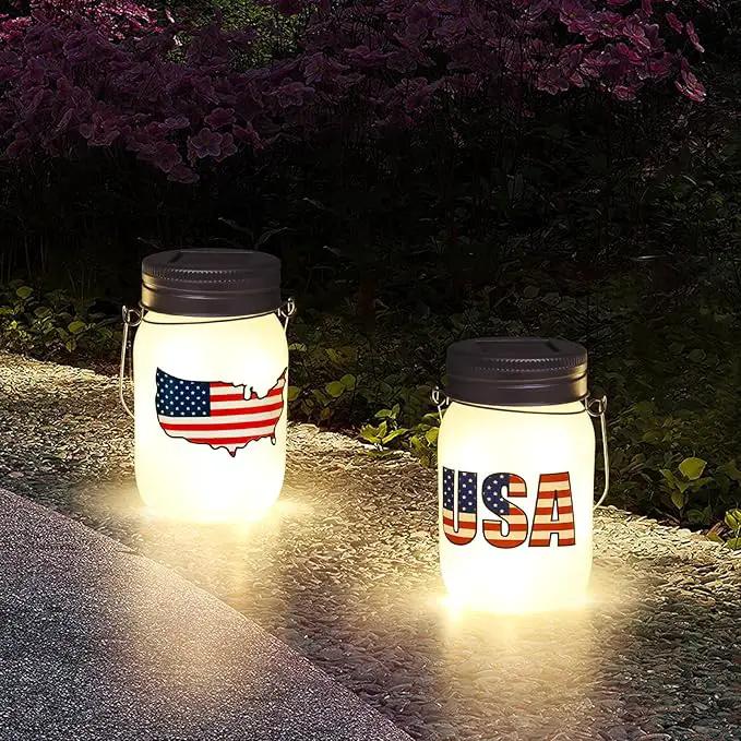 Solar Lanterns Outdoor Waterproof Tabletop - The USA Flag Outdoor Waterproof Hanging Solar Lights Glass Jar for Garden,Patio,Pathway & Yard Decor 2 Pack by GreenHaven Gardens