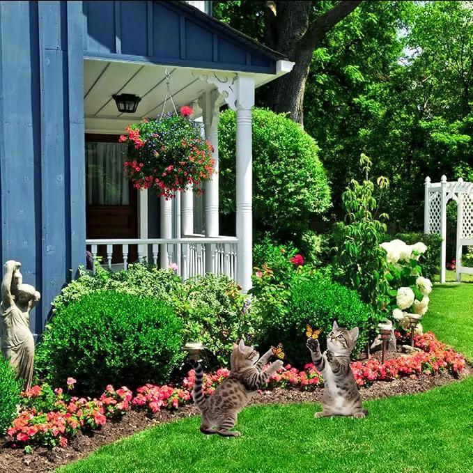Metal Garden Stakes Decor,Cute Cats Playing with Butterflies Stakes, YGarden Statues Bird Repellent Cat Decorative Garden Stakes for Yard, Garden, Lawn Outdoor Decorations Set of 2 by GreenHaven Gardens