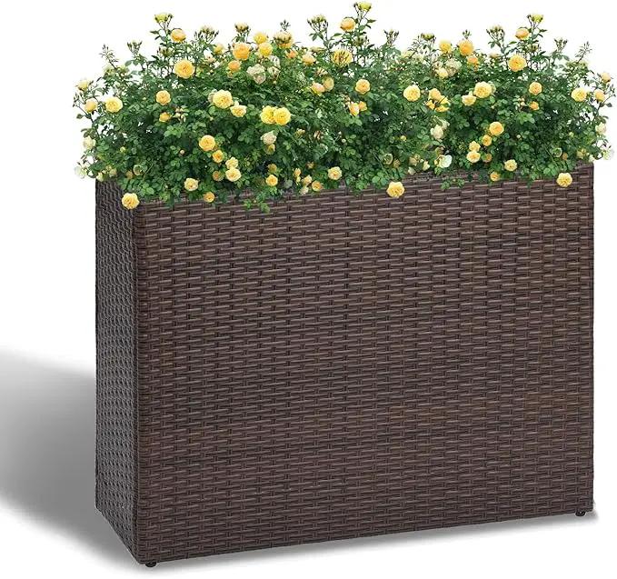 LEWIS&WAYNE Large Rectangular Block Planter Box Handmade Wicker Tall Planters for Outdoor Plants with Removable Liners Modern Planter for Indoor Outdoor Patio Deck - Brown, 32''x11''x24'' by GreenHaven Gardens