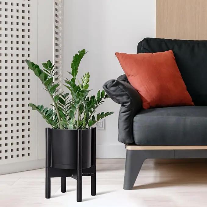 D'vine Dev Planter Pot with Stand - 8 Inch Plastic Cylinder Flower Pot with Wood Planter Holder for Indoor, Matte Black Pot + Ebony Stand, 55-C-K-2 by GreenHaven Gardens